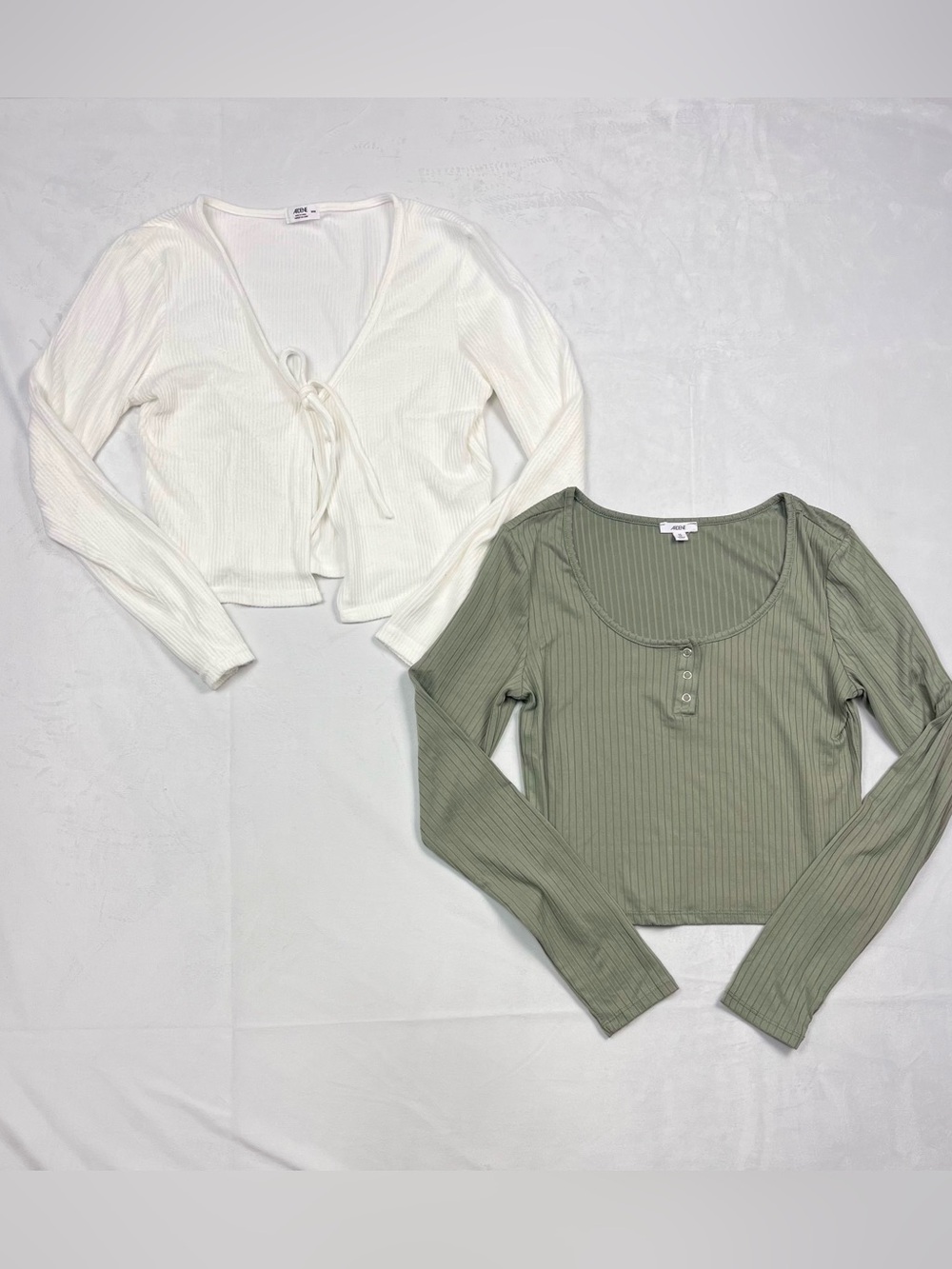 Ardene Ribbed Long Sleeve Olive Henley & White Wrap Tie Cardigan Size Medium